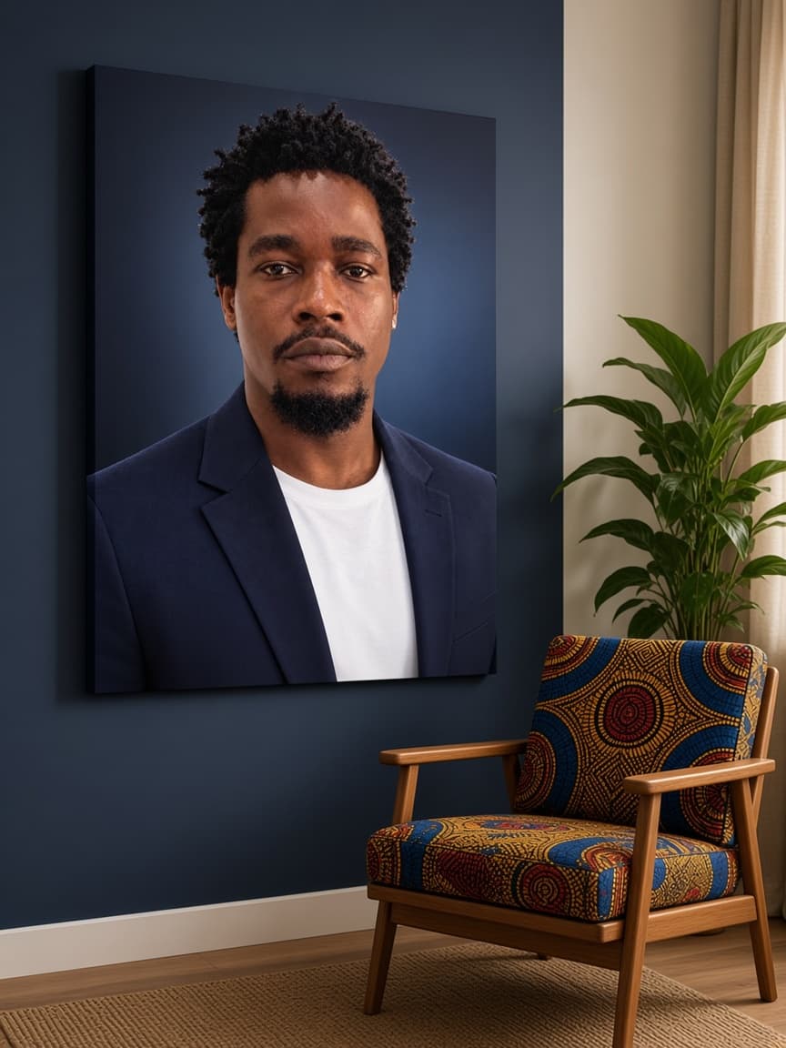 Portrait printed on canvas hanging on the wall